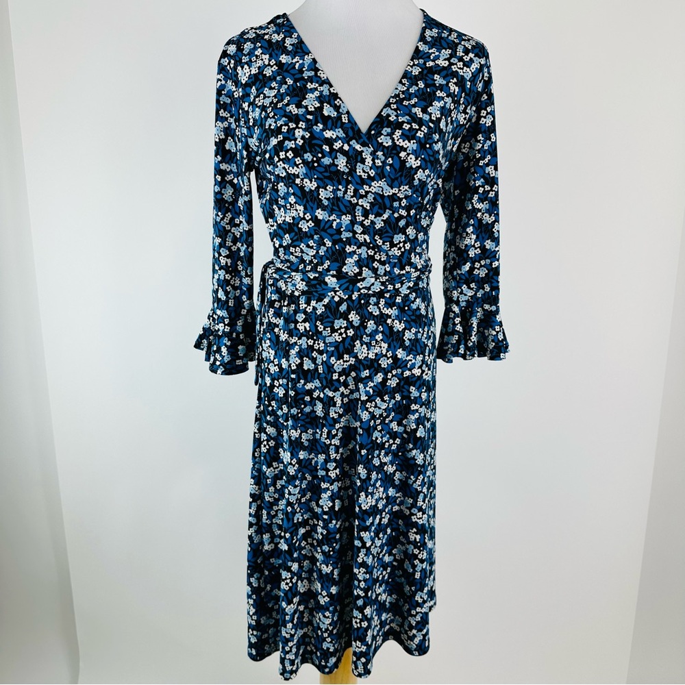 Leota Faux Wrap Blue Floral Stretch Jersey Dress Size Small